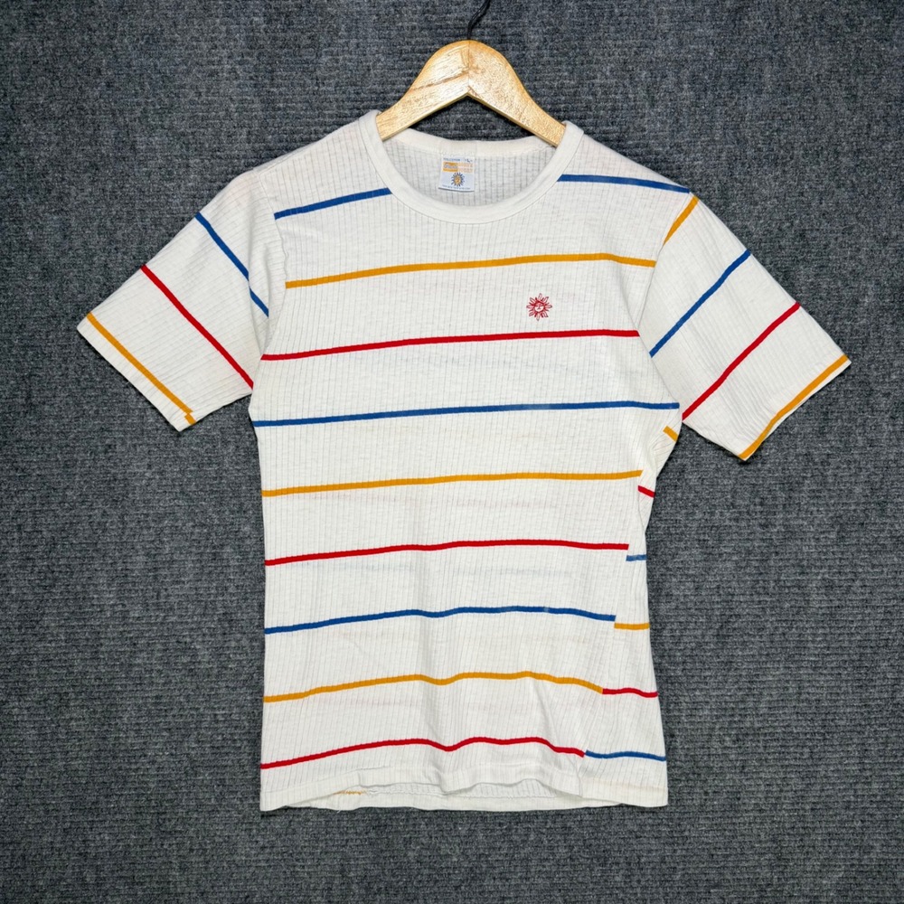 Vintage 70s Grants Wear Ribbed Cotton Striped T-Shirt White Sun Graphic Large
